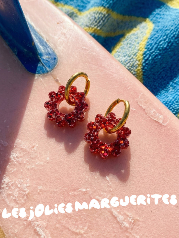 boucles-oreilles creoles interchangeables-marguerite-rouge la rochelle atelier rochelais