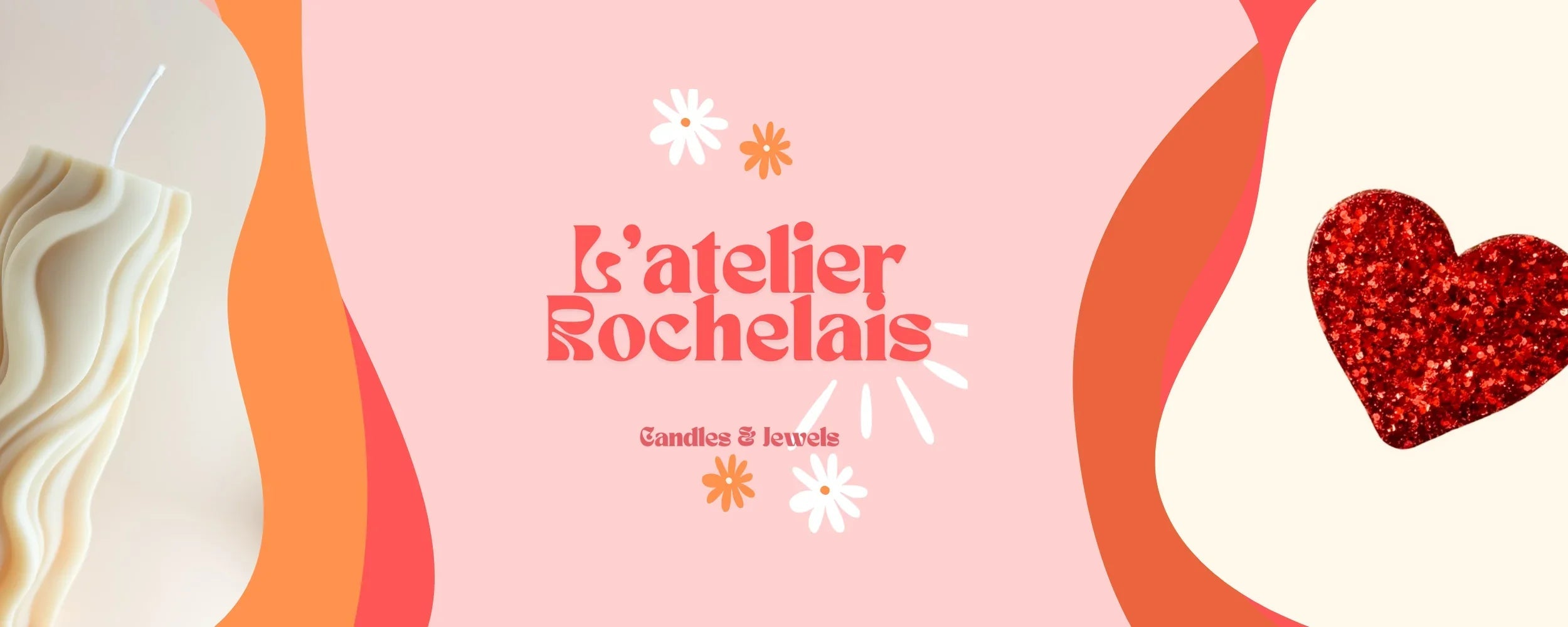 Bannière L'Atelier Rochelais, fond coloré, bougie ondulée, cœur pailleté, logo central