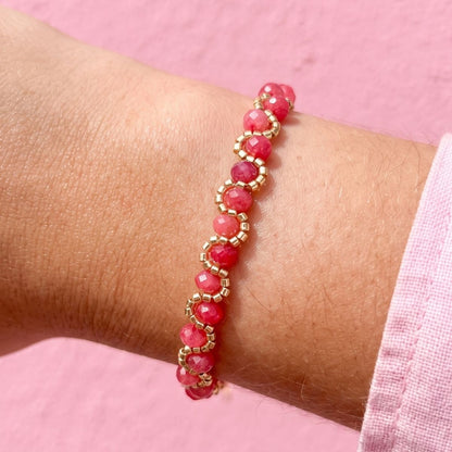 Bracelet Maya rose tressé jade teinté perles Miyuki dorées femme L'Atelier Rochelais La Rochelle