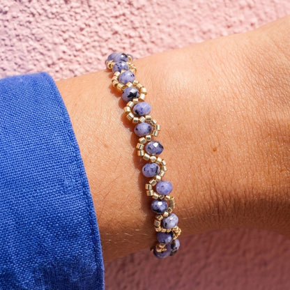 Bracelet Maya bleu quartz teinté tressé perles Miyuki dorées femme L'Atelier Rochelais