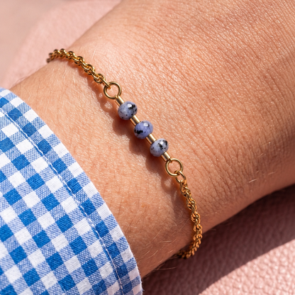 Bracelet Floria bleu chaînette dorée 3 perles quartz bijou artisanal La Rochelle
