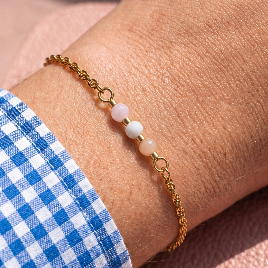 Bracelet Floria pêche 3 perles quartz chaînette dorée bijou artisanal La Rochelle