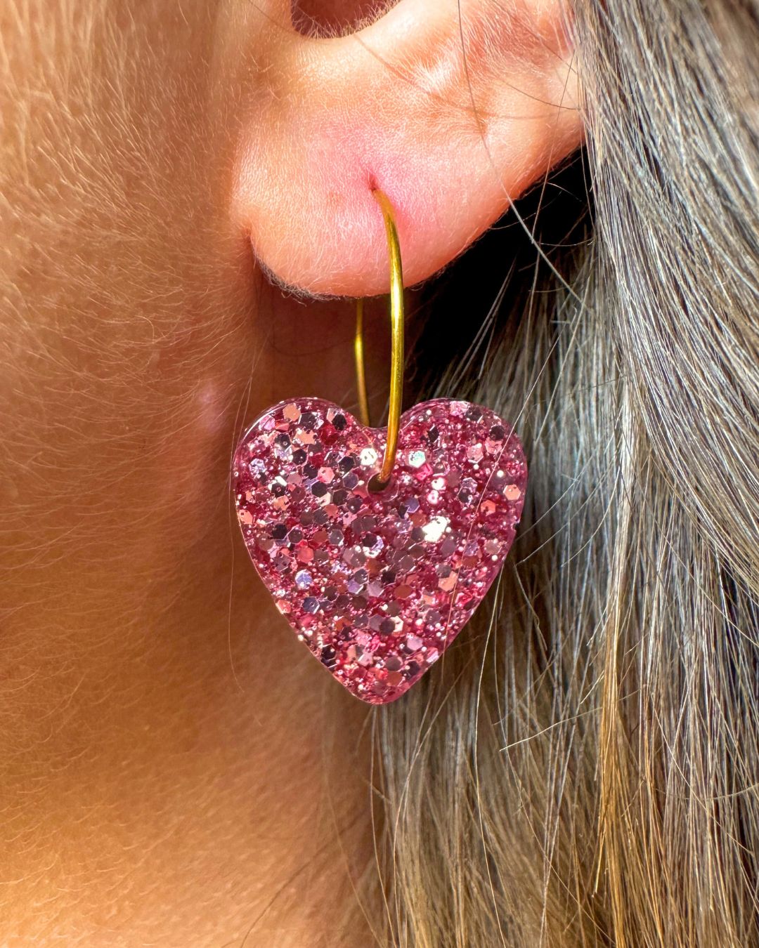 boucles d'oreilles coeur pailletés rose